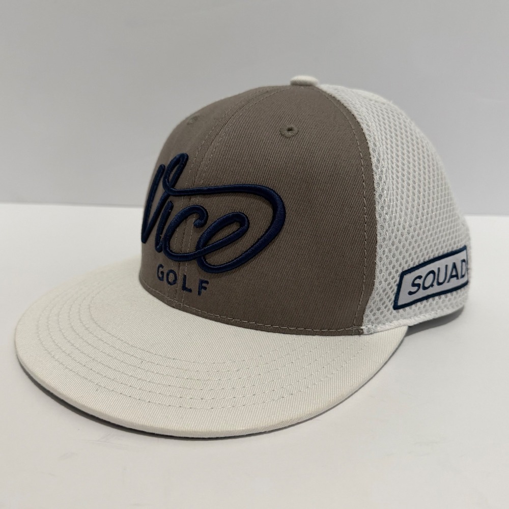 Vice Golf Flat Brim Trucker Hat White Mesh Brown Logo Squad